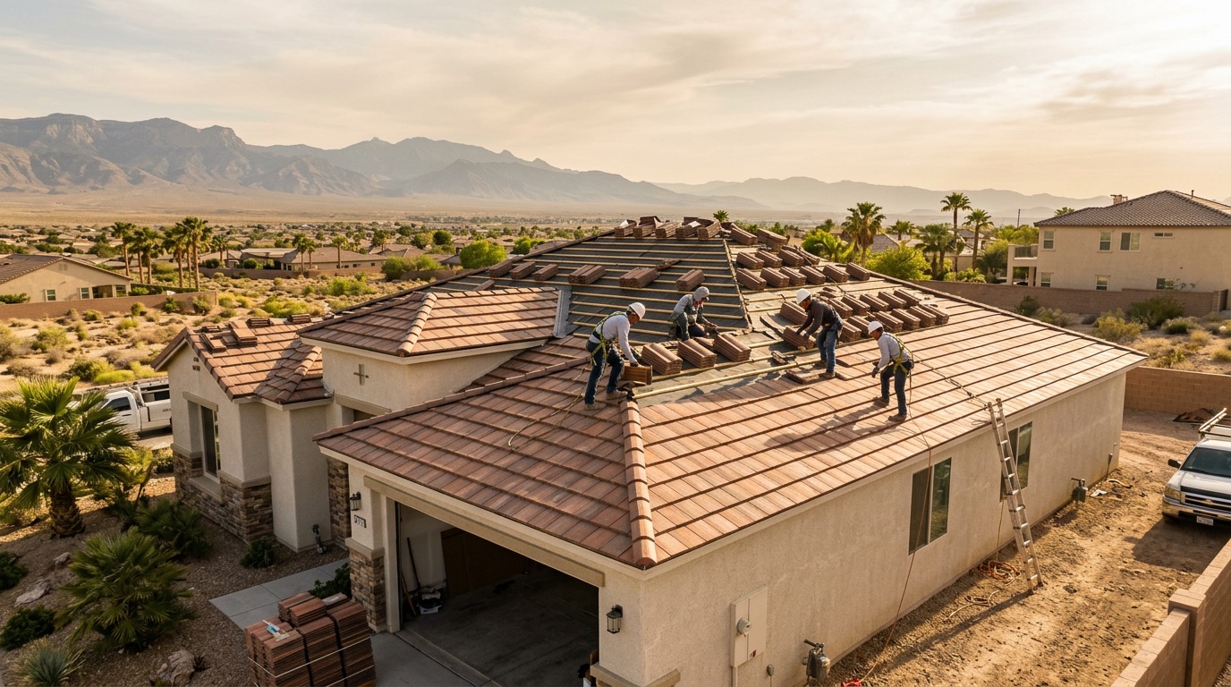 A roofing crew laying new concrete tile on a Las Vegas home, with the mountains behind