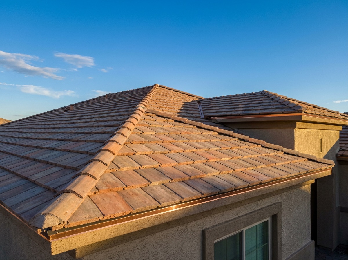 Close detail of a finished concrete tile roof with a clean ridge line